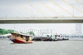 Tug boat drag sand barges in Chao Phraya River. Ã Â¸Âº